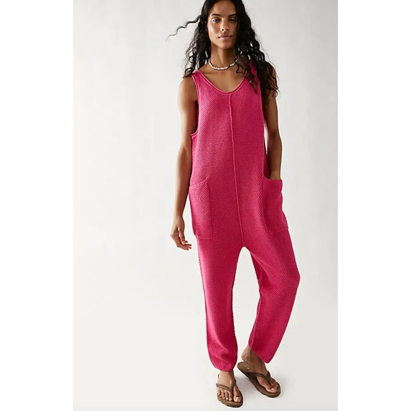 Free People Pants - Free People Beach Bright Pink Knit Overalls Jumpsuit XS